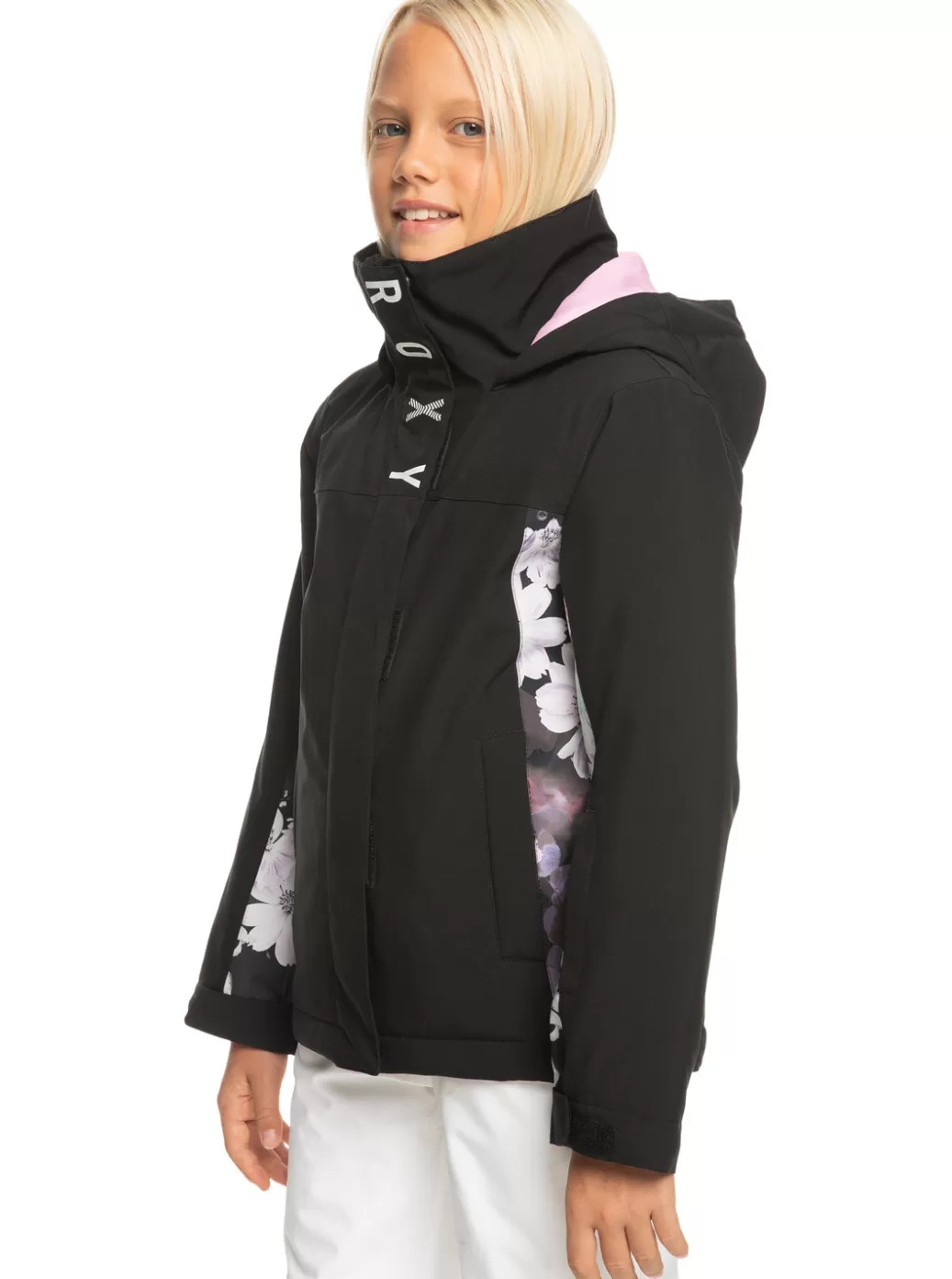 Snow Jackets | Girls Snow | KIDS | WOMEN ROXY Girl's 4-16 Galaxy Technical Snow Jacket True Black Blurry Flower