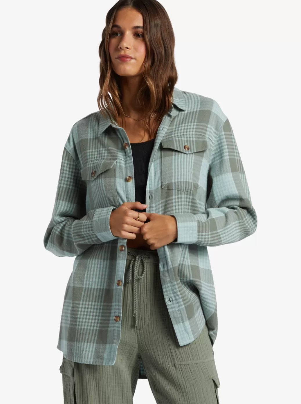 Tees & Tanks | Tops | WOMEN ROXY Let It Go Flannel Long Sleeve Shirt Blue Surf Hallo Plaid