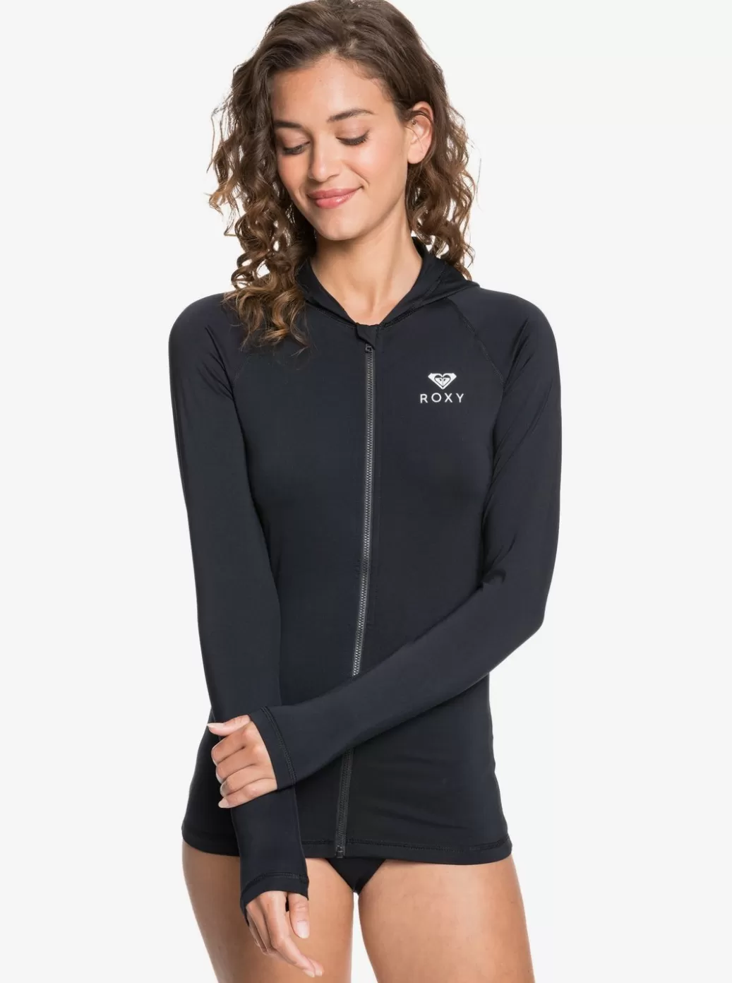 Rashguards | WOMEN ROXY Essentials Hooded UPF 50 Long Sleeve Rashguard Anthracite