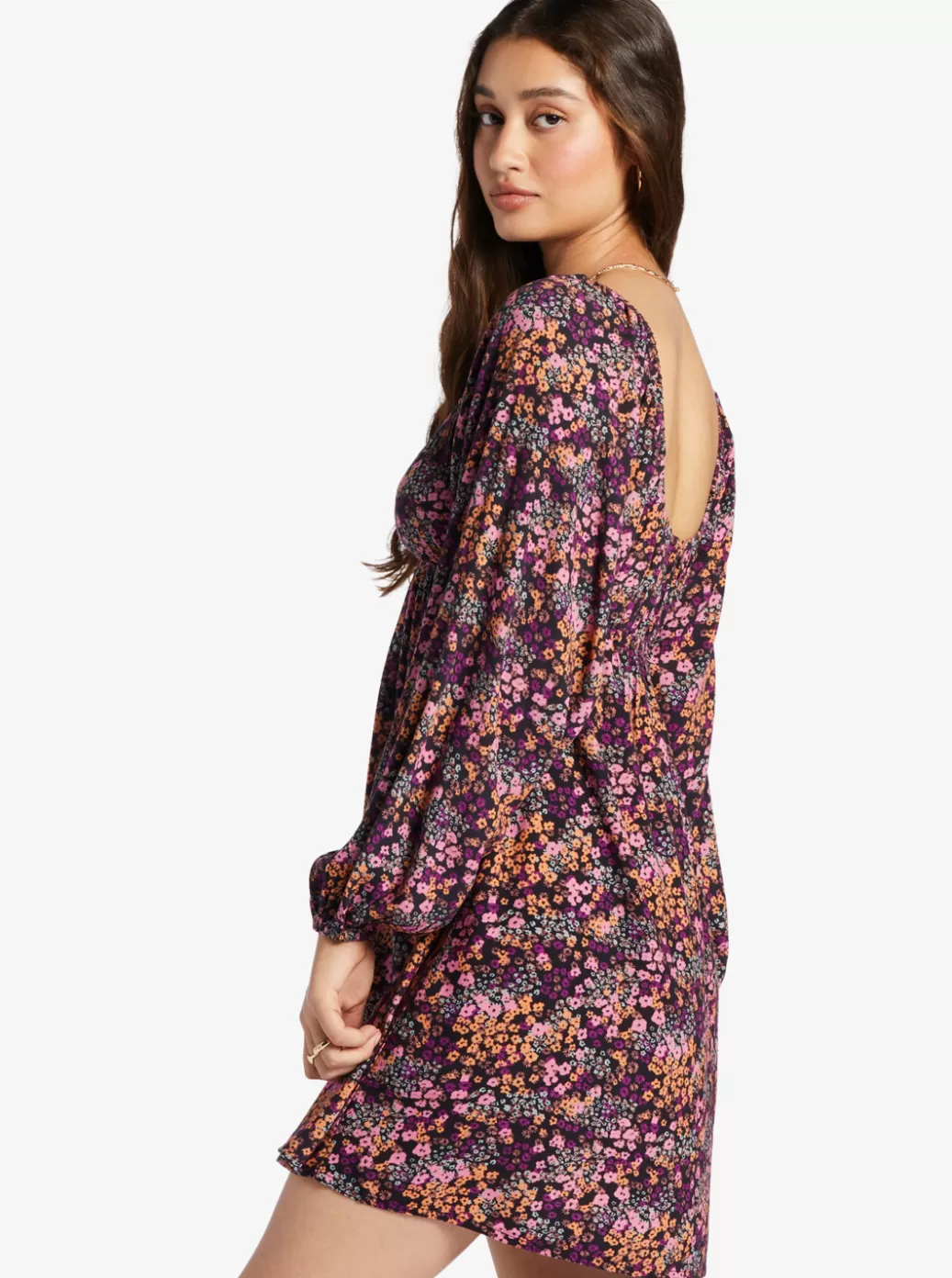 Dresses | WOMEN ROXY Sweetest Shores Puff Sleeve Dress Anthracite Floral Daze
